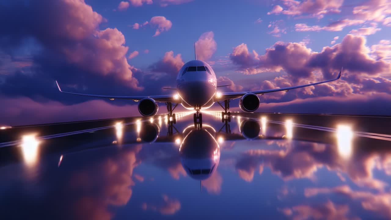 A Stunning Sunset Scene of an Airplane Preparing for Takeoff, Captured in Two Frames, Showcasing the Vibrant Colors of the Sky Reflected on the Runway Amidst Beautiful Clouds and Lights