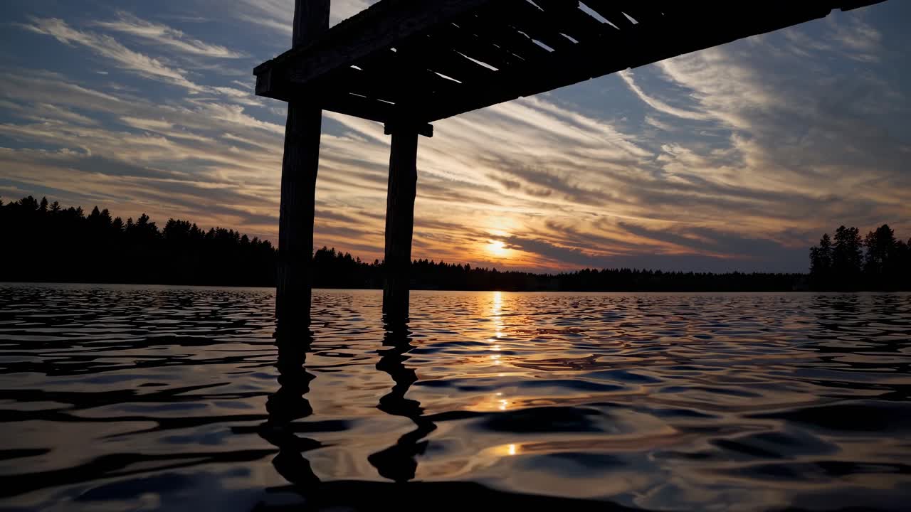 A serene sunset over a lake with a dock in silhouette