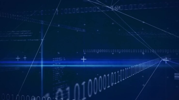 Animation of data processing and binary coding over dark background