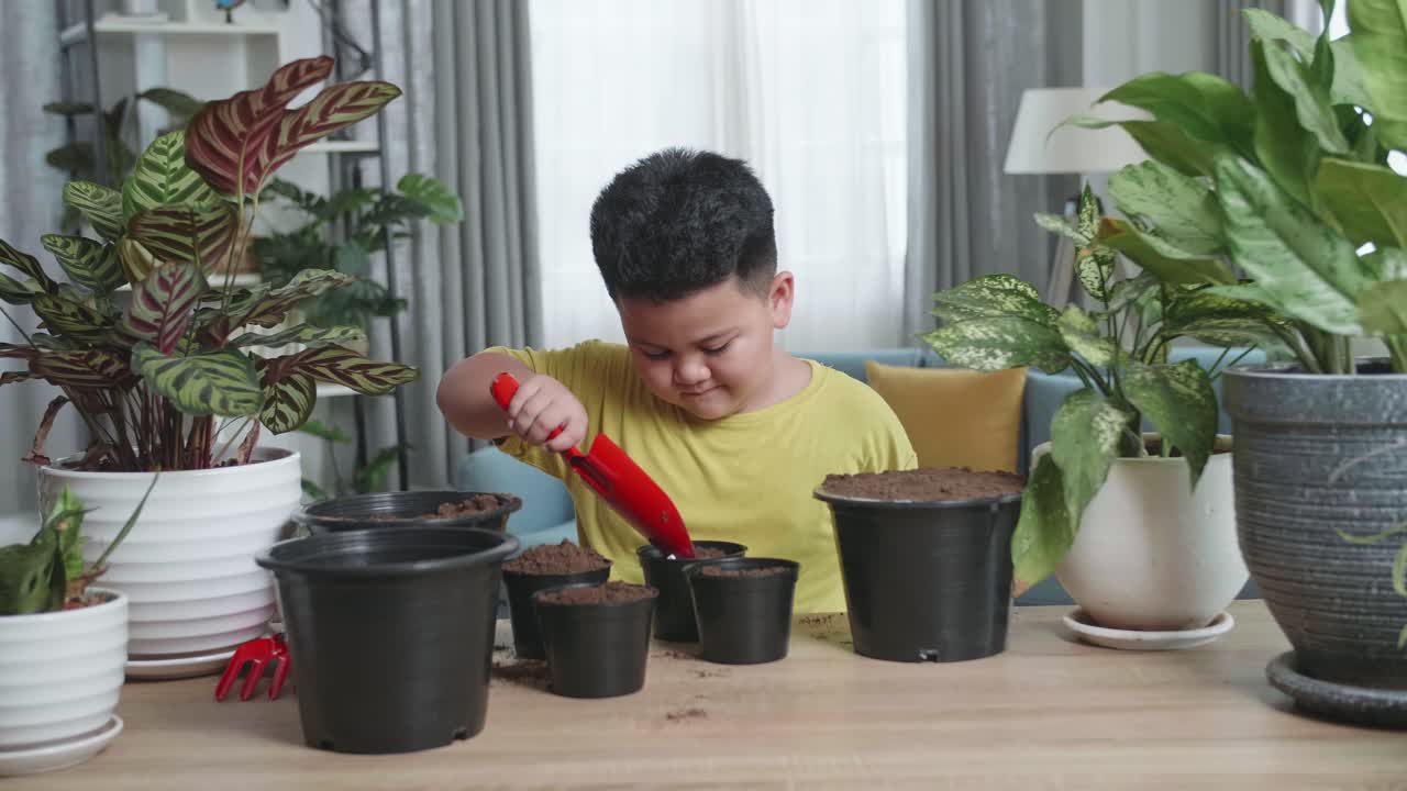 Little Boy Adding Some Soil To Pot, Child Planting At Home