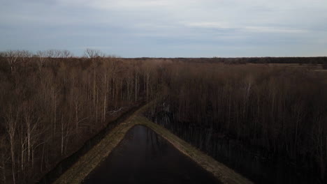 Ein-Ruhiger-Weg-Im-Loosahatchie-Park,-Tennessee,-Mit-Kahlen-Bäumen,-Luftaufnahme