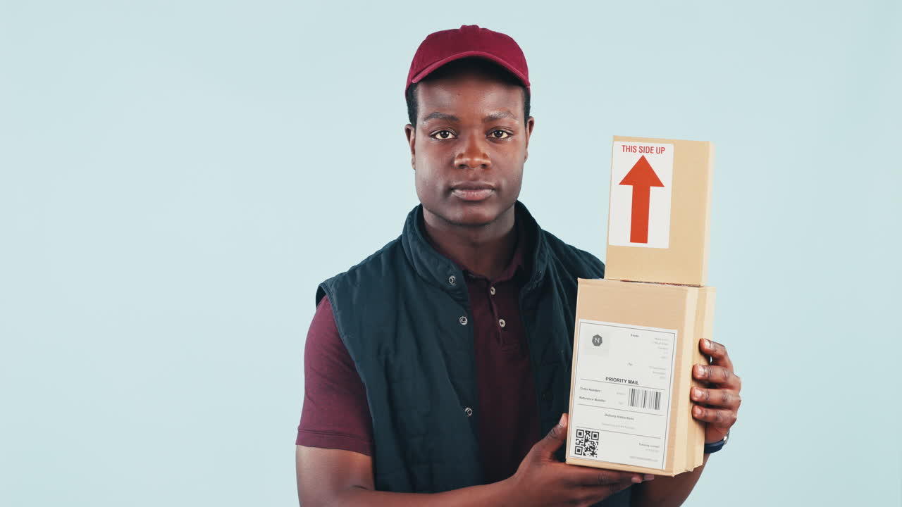 African courier man, boxes and studio with face