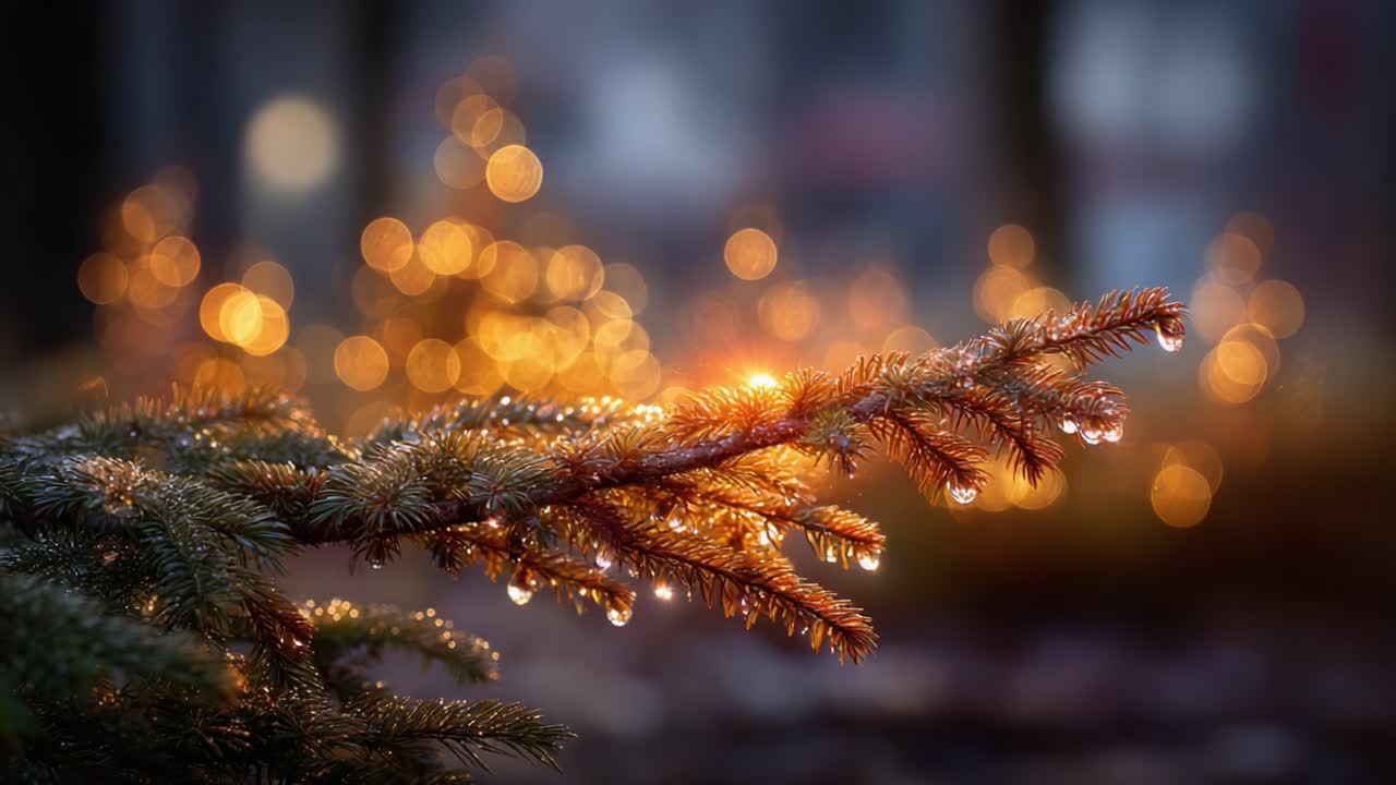 A Glimmering Pine Branch Adorned with Raindrops and Surrounded by a Soft, Warm Glow of Bokeh Lights, Capturing the Essence of Nature's Beauty in a Serene Setting