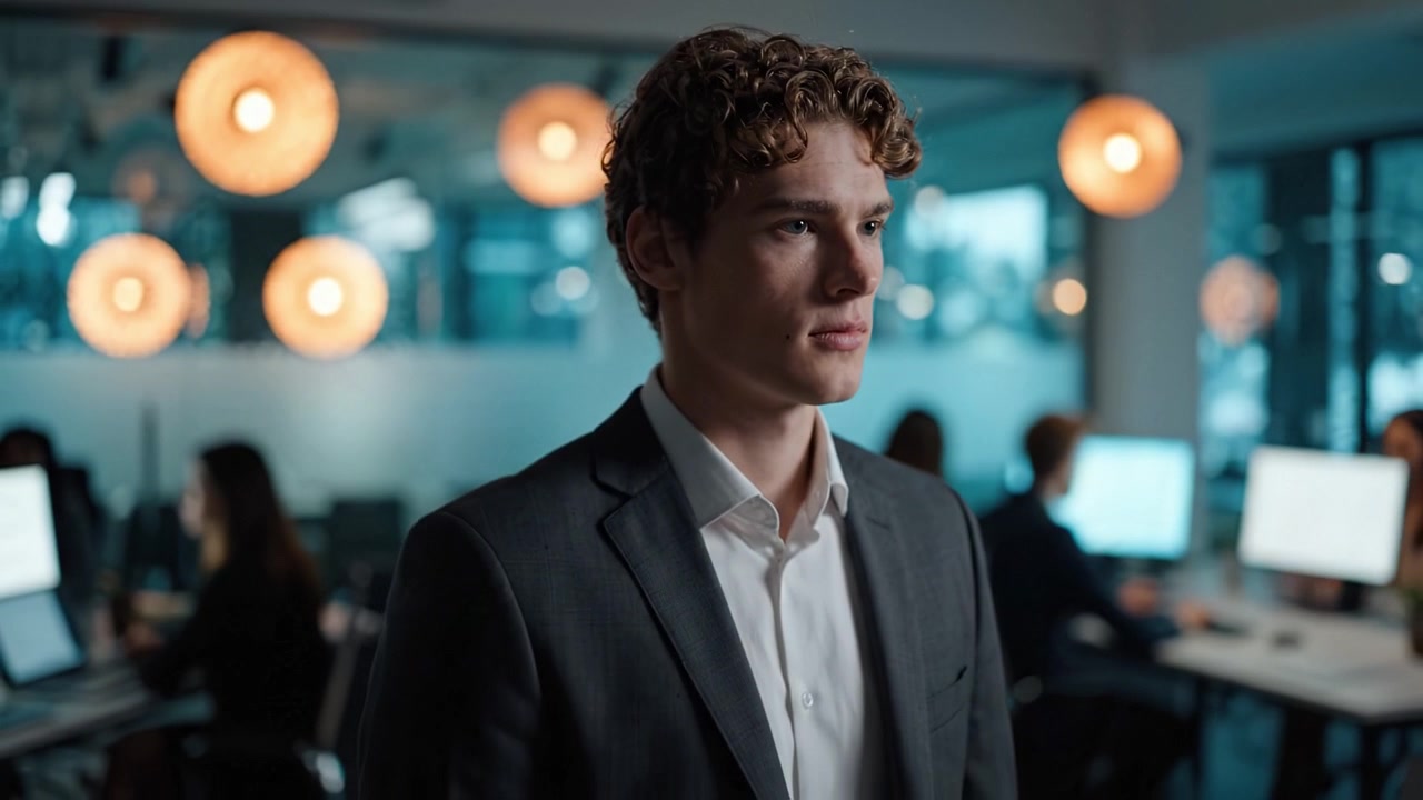 Un giovane uomo concentrato in un abito elegante si erge in un moderno ufficio, illuminato da calde luci a sospensione, che ritrae determinazione e professionalità