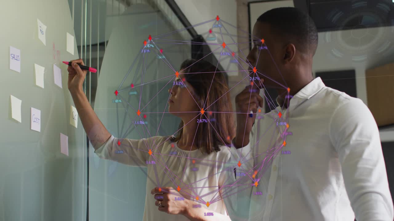 Woman reaching, writing post-its using pink pen on glass board, man watching, overlay mapping sales
