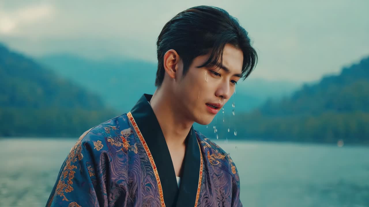 Sad man in kimono crying