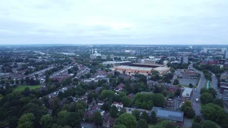 drone shot of a uk football stadium