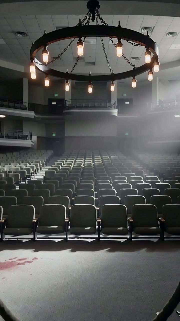 Vertical video: Pulling back camera showing empty hall seating and chandelier at doorway, red stain