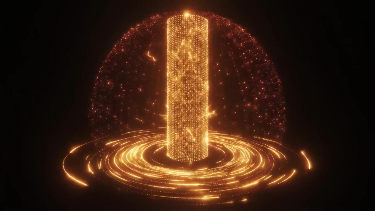 Abstract Glowing Golden Cylinder with Particle Dome and Rotating Rings