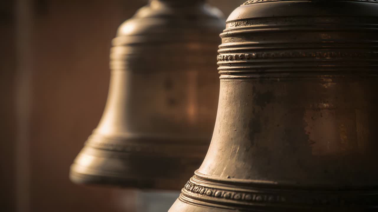 Leggero movimento della camera che mostra due campane di bronzo appese che oscillano in una struttura di legno, rivelando la patina, spazio per il testo