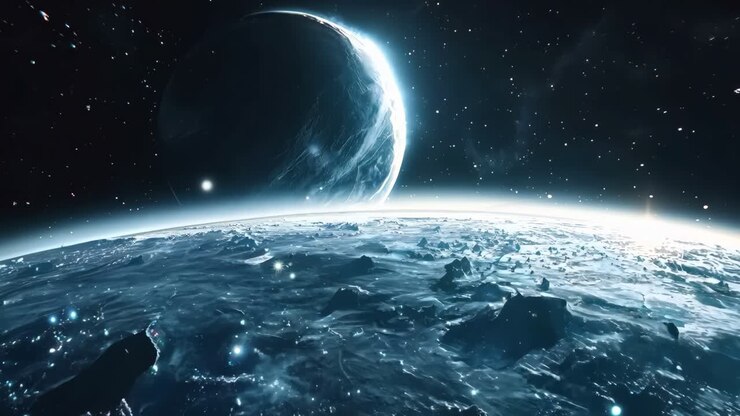 Eine Sicht auf die Erde aus dem Weltraum mit Sternen im Hintergrund