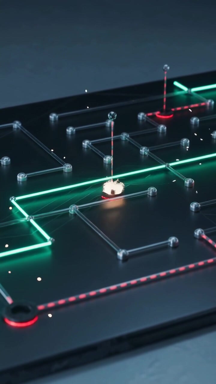 Vertical video: Sparking neon board forming beads rising on post at table, neon tracks pulsing demo