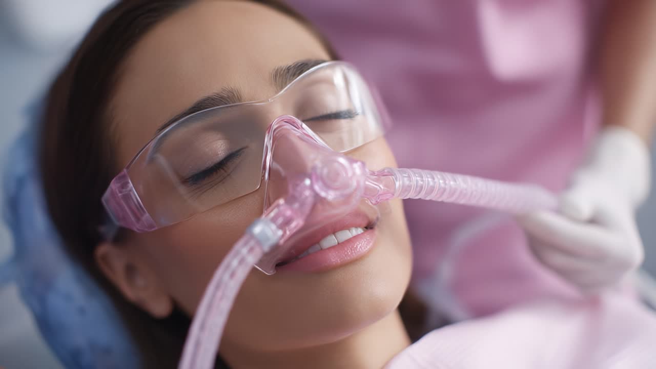 Paciente sometiéndose a un procedimiento de relajación con máscara de anestesia para garantizar su comodidad y seguridad en un entorno médico
