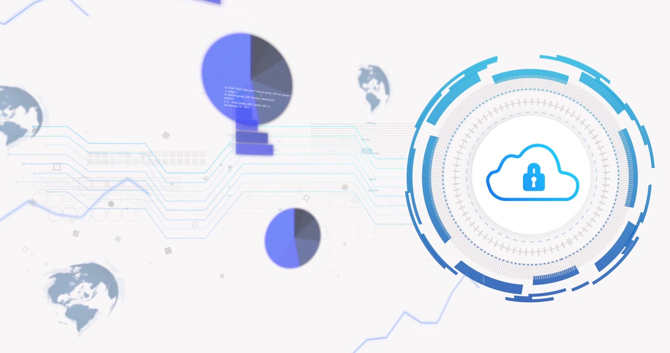 Faint marks starting round cloud HUD appearing right rotating rings charts driving secure data flow