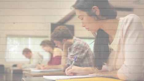 iconos del concepto de la escuela sobre papel con líneas blancas contra una estudiante asiática que estudia en la universidad