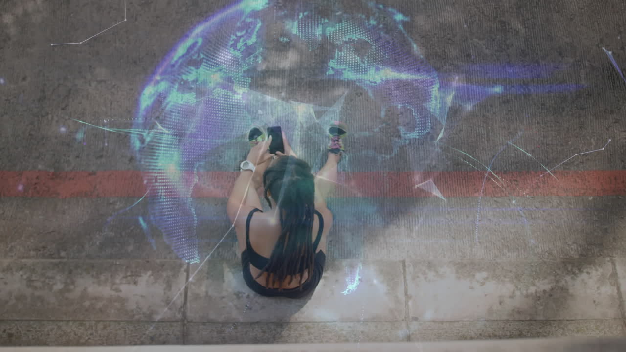 animación de la red de conexiones a través de una mujer en forma utilizando un teléfono inteligente