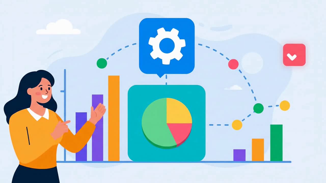 Businesswoman character analyzing data charts and a workflow process infographic for marketing