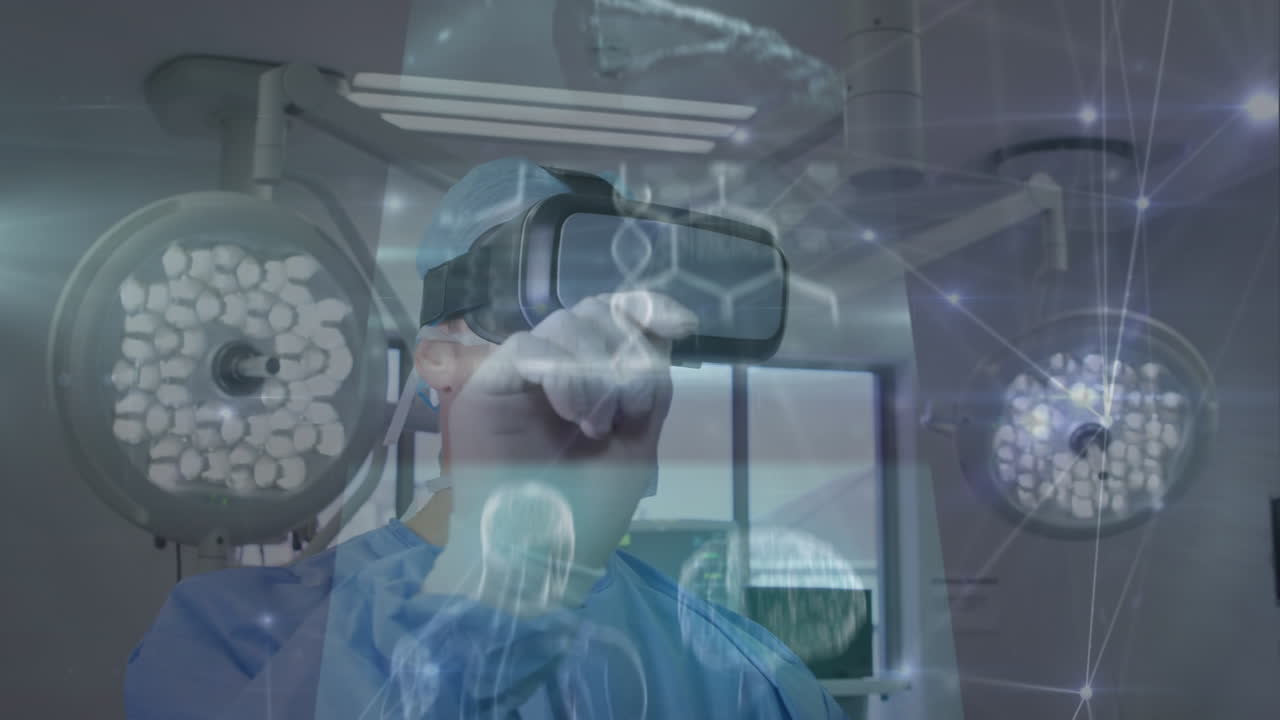 animación de la red de conexiones y procesamiento de datos sobre el médico caucásico masculino usando auriculares vr