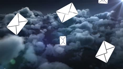 múltiples iconos de mensajes cayendo contra nubes oscuras en el cielo