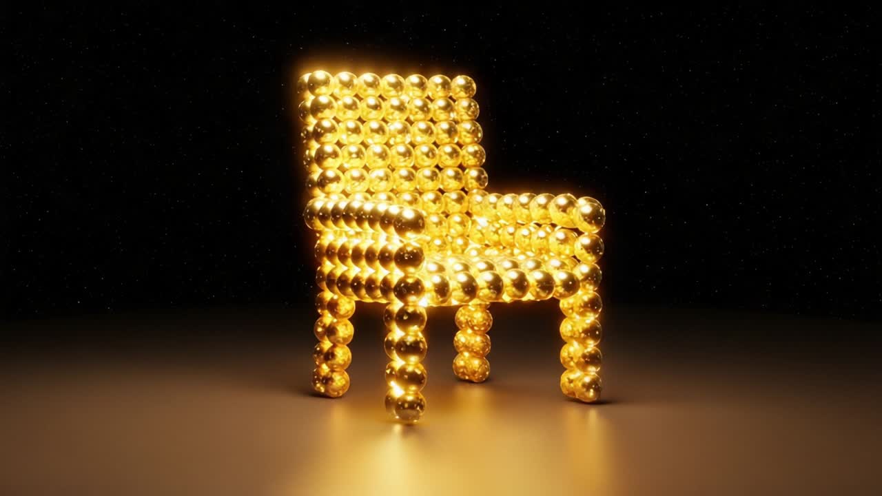 A Stunning Golden Render of a Modern Chair Created from Sphere Constructs, Showcasing Luxurious Design and Contemporary Aesthetics in an Abstract Setting