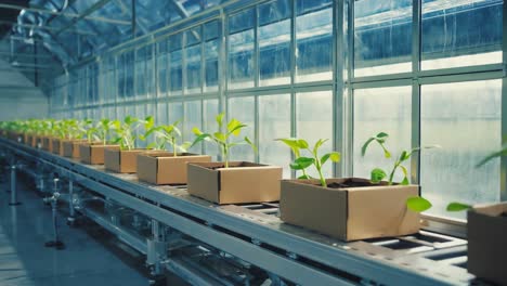 Plants in Cardboard Boxes on a Conveyor Belt in a Greenhouse
