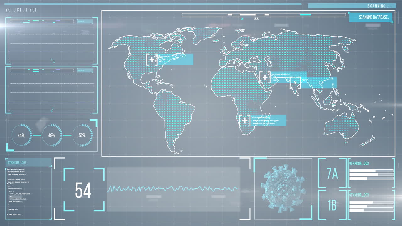animación del mapa del mundo en una pantalla con iconos que aparecen, macro coronavirus célula de covid-19 analizada