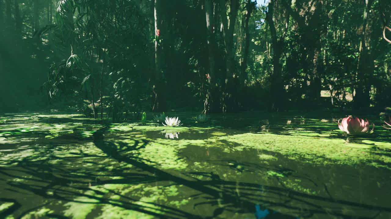 울창 한 열대 숲 에 있는 조용 한 연못