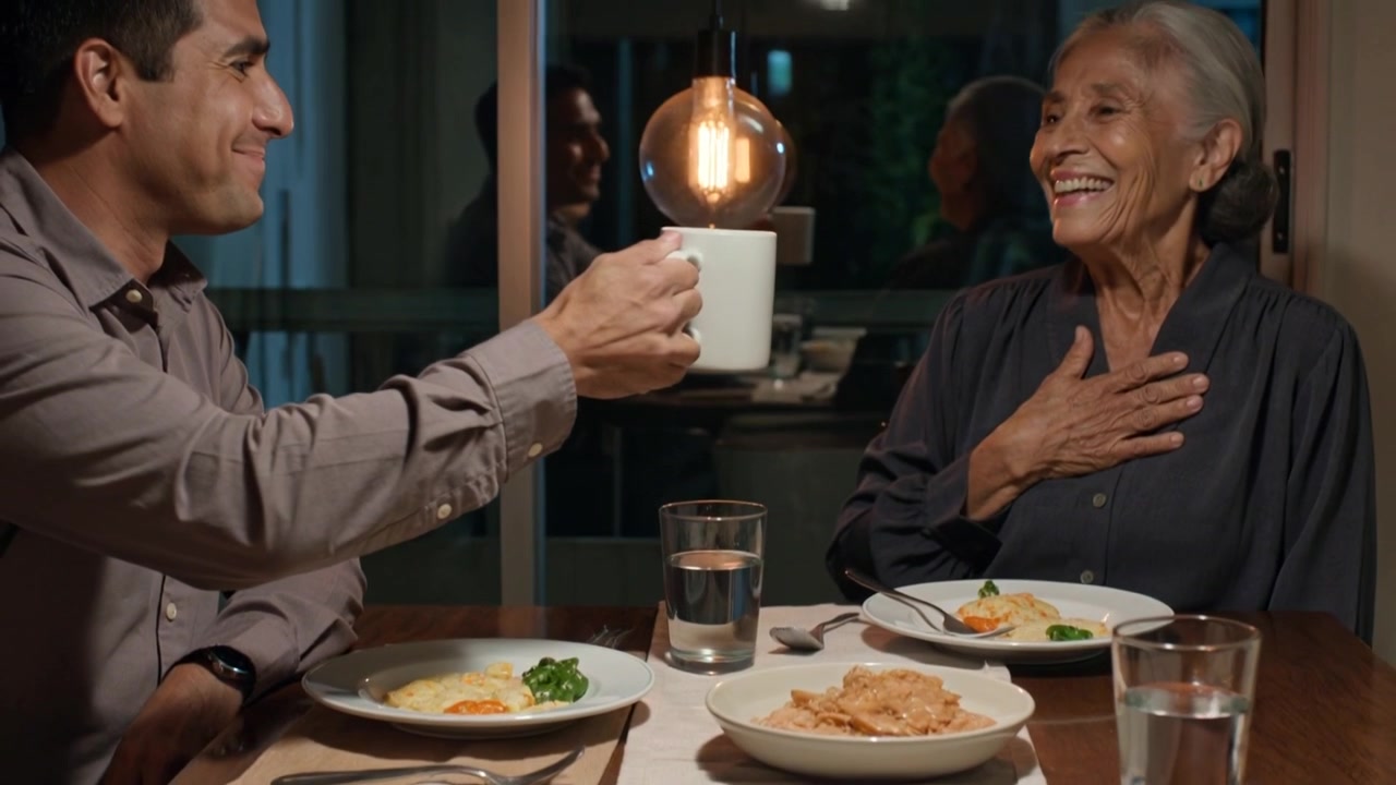 Noticing woman's hand on chest, son in shirt reaching offering white mug at home dinner, smiling