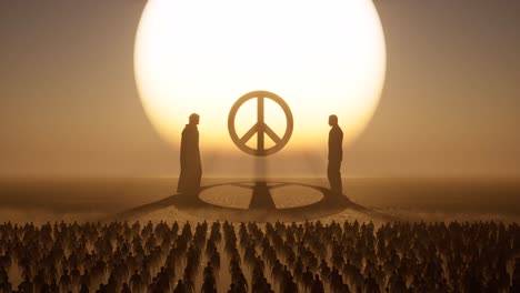 un enorme símbolo de paz en un desierto, entorno árido, con dos personas de pie a su lado y la multitud de pie ocioso en la puesta de sol con sombras oscuras, animación 3d, tema distópico, cámara de zoom lentamente