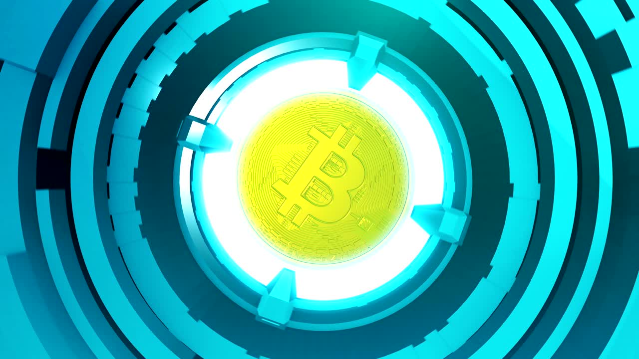 미래의 금속 무대 또는 포디움으로 중앙에 황금색 회전 비트코인이 있습니다.