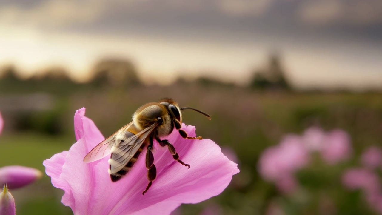 Close macro view follows a bee shifting position on a bright pink blossom, with fine body hairs, striped abdomen, delicate wings, and distant flowers softened by shallow focus.