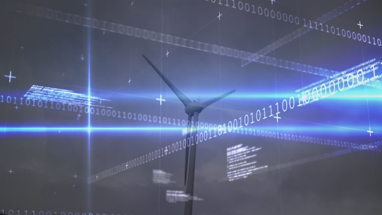 데이터 처리 및 풍력 터빈 위의 빛 트레일의 애니메이션