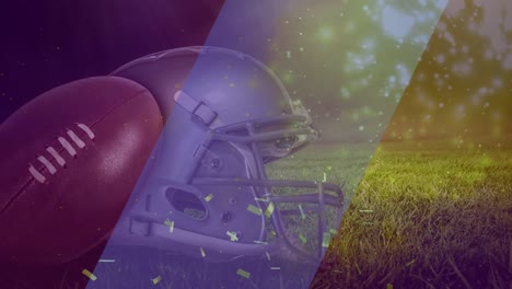 animation of confetti over baseball helmet and glove