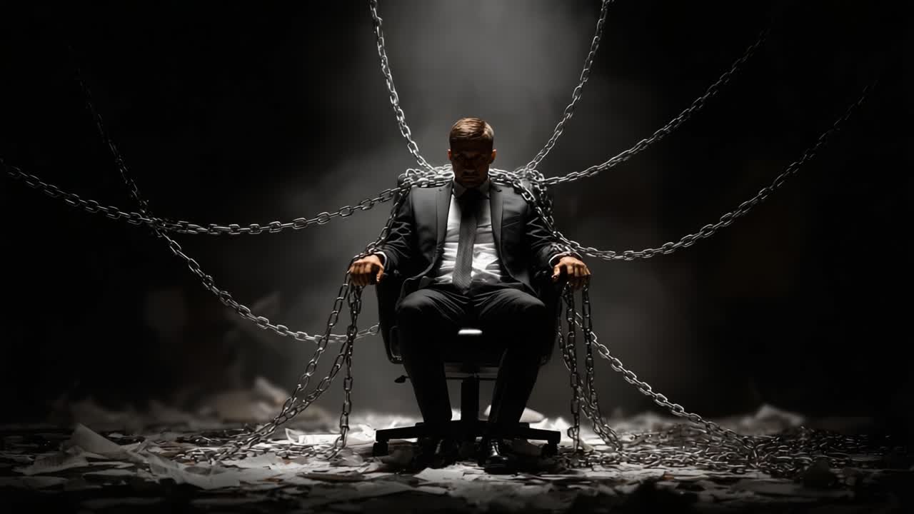 A Somber Figure Bound by Chains: The Struggle of a Man Trapped in Darkness, Symbolizing Confinement and Oppression Amidst the Chaos of Paper Debris Around Him