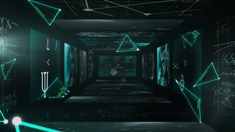 animation of digital triangles floating with mathematical formulae written on black walls