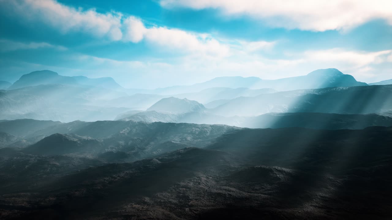 paisaje aéreo de desierto volcánico con rayos de luz