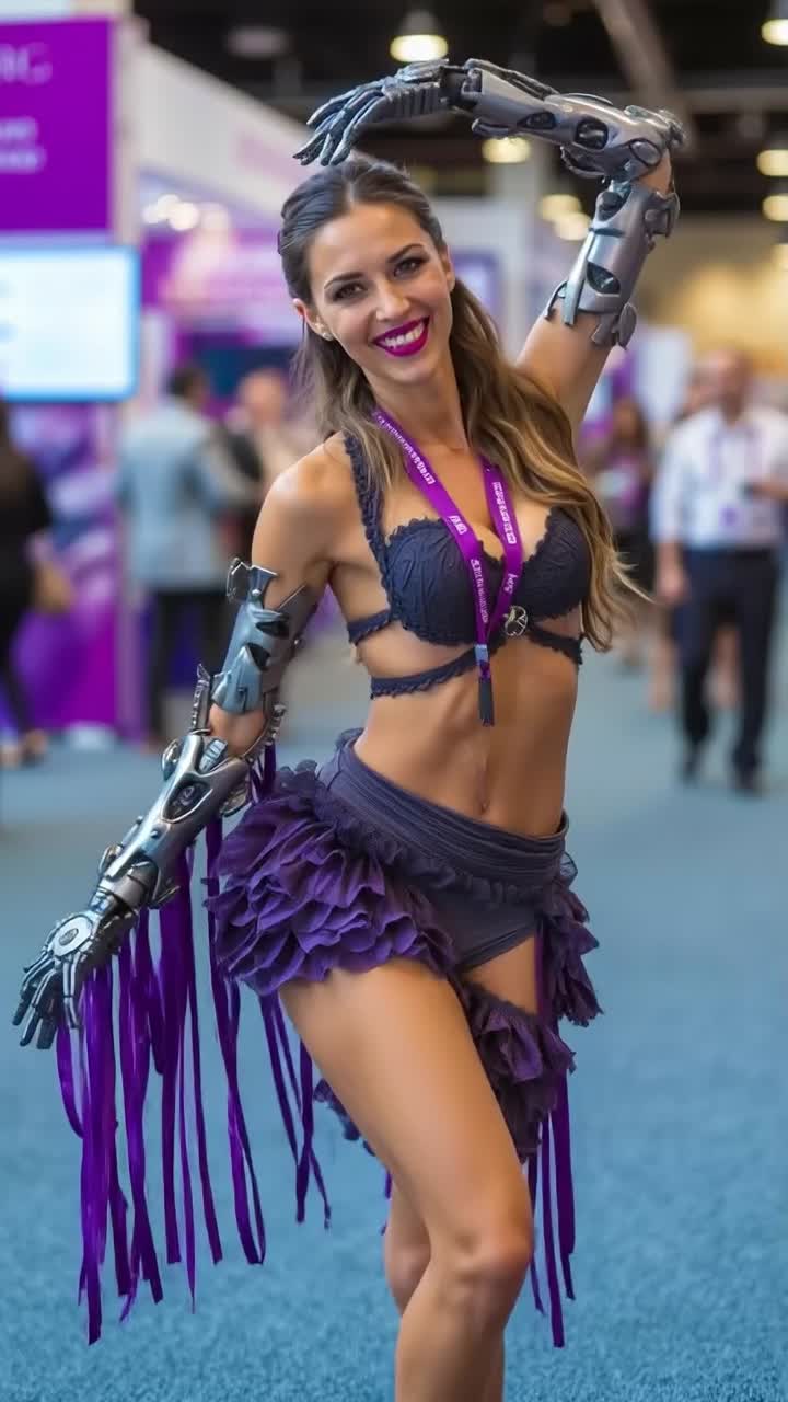Donna allegra con braccia robotiche in un abito viola che posa allo stand di un evento tecnologico