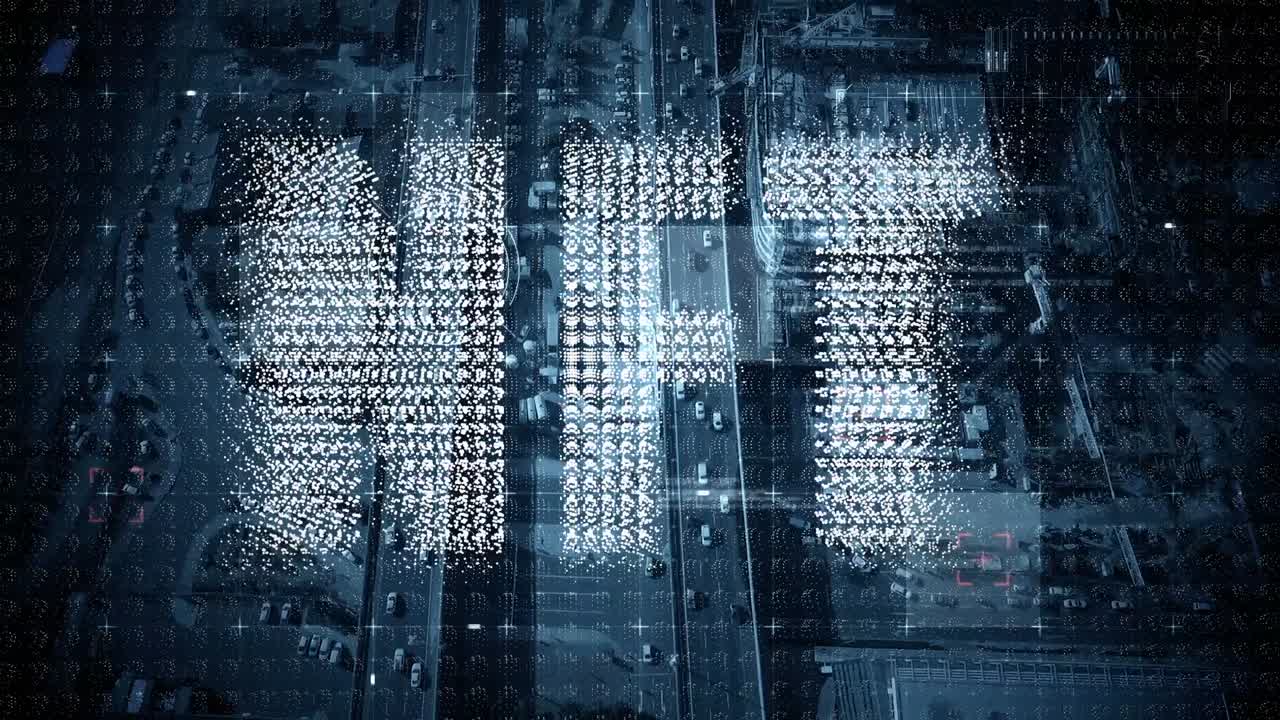 Şehir silüeti üzerinde şekiller ve NFT metni animasyonu.