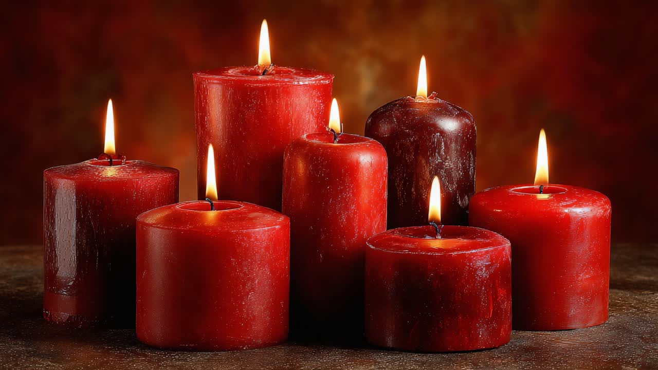 Una serena collezione di candele rosse luminose che emanano calore e tranquillità, perfetta per migliorare l'atmosfera e creare un ambiente accogliente.
