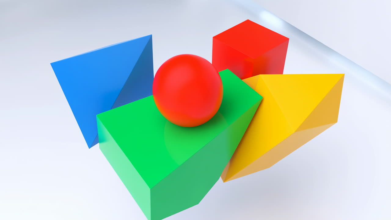 Farverige 3D geometriske former roterer i et abstrakt rum
