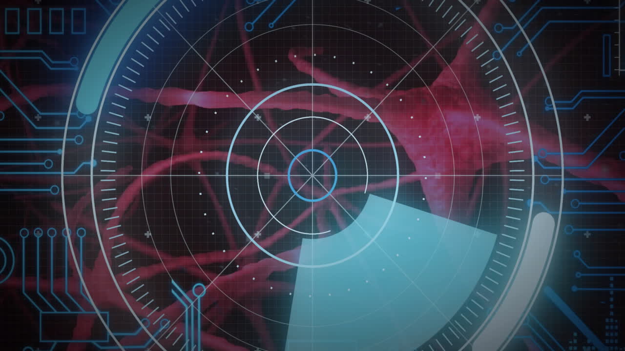Animation of futuristic radar scanning over abstract red and black background