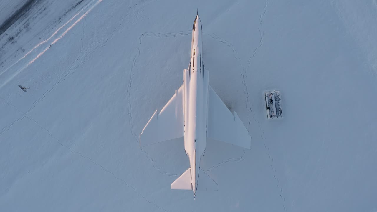 antena de arriba hacia abajo del avión de combate islandés cubierto de nieve invernal, keflavik