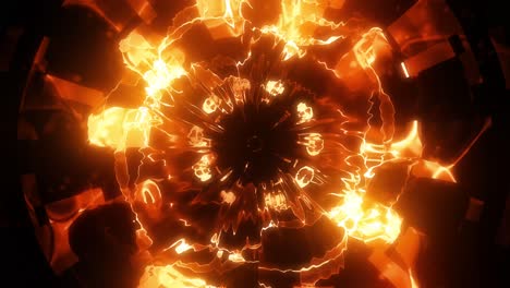 animación de una combinación incandescente de elementos geométricos ardientes