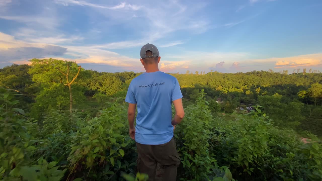 파란색 티셔츠를 입은 남자의 뒷모습이 열대 녹색 숲 한가운데를 걷는다