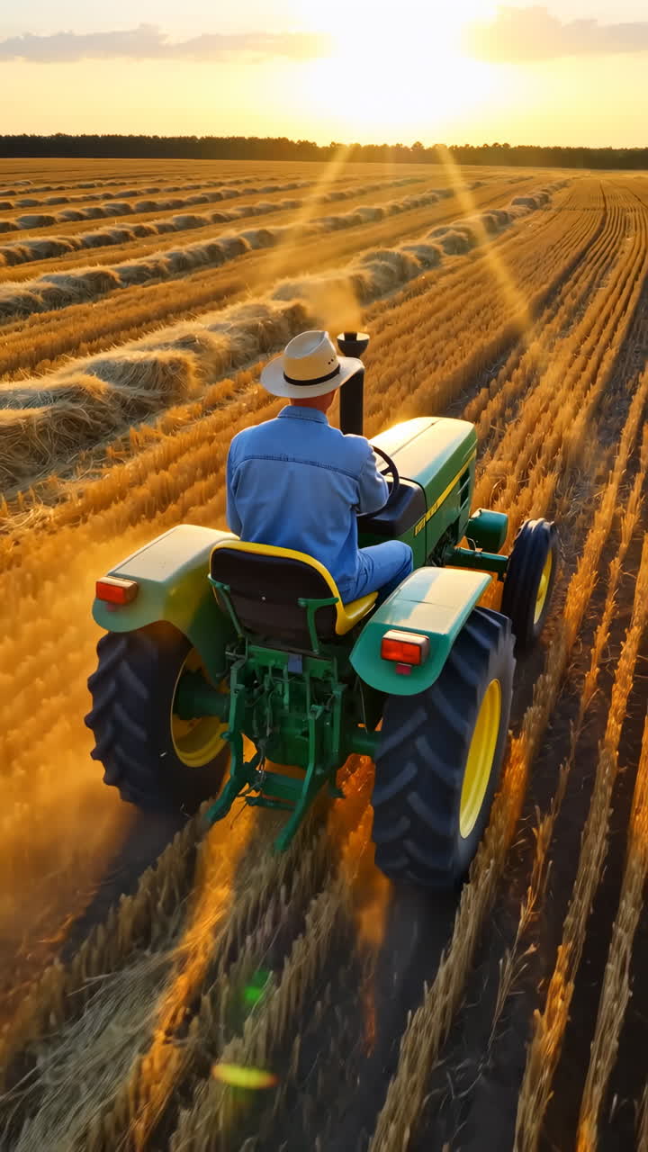 Farmer drives a tractor through a field at sunset