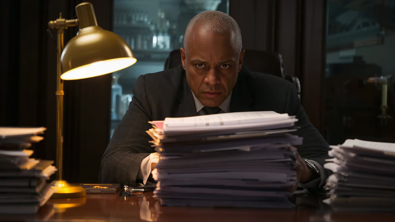 Leaning man dark-suit scanning papers under brass lamp at dim office desk, preparing for meeting