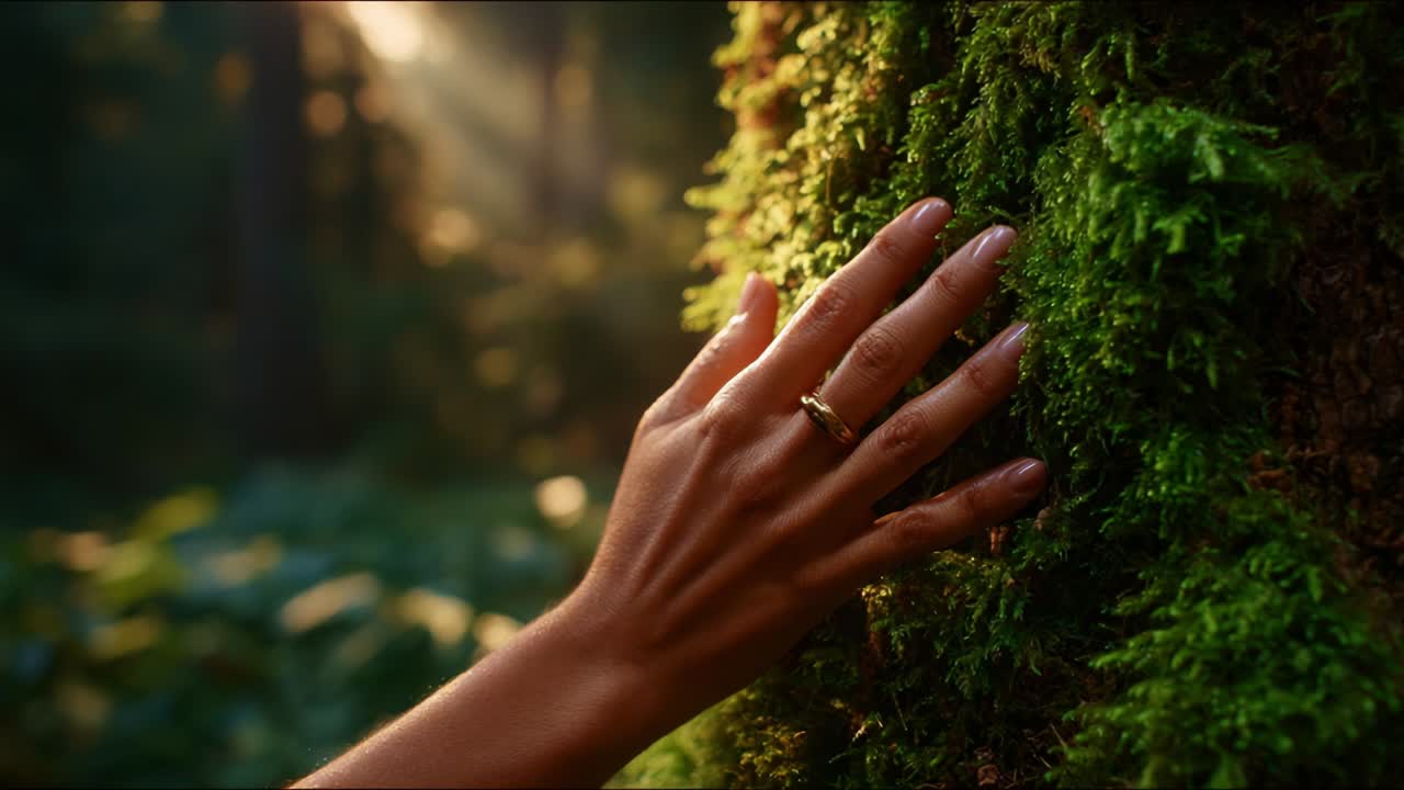 An intimate moment in nature as a hand gently caresses a tree covered with vibrant green moss, capturing the serenity and connection between humanity and the natural world in a beautifully lit forest