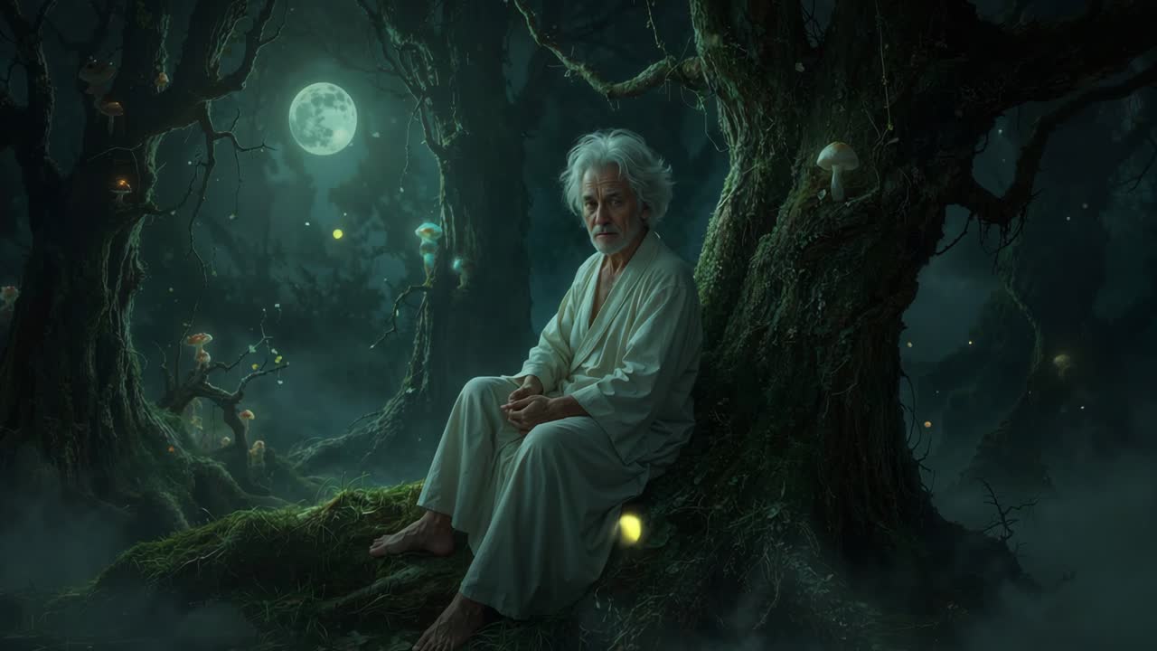 An old man sits peacefully in an enchanted forest under the moonlight