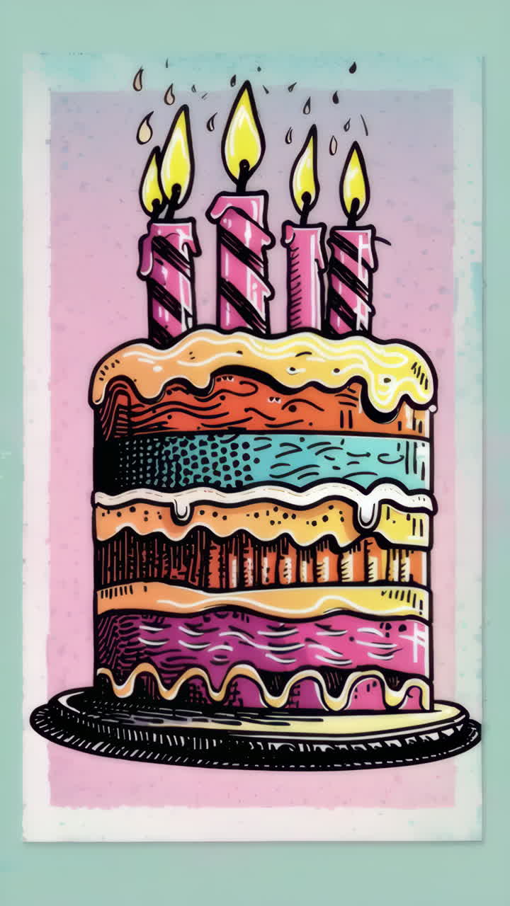 Colorful Birthday Cake with Lit Candles