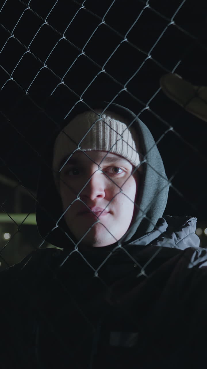 atleta de pie detrás de una valla de enlaces de cadena durante una sesión de entrenamiento nocturna, con guantes y una chaqueta con capucha, iluminado por luces urbanas